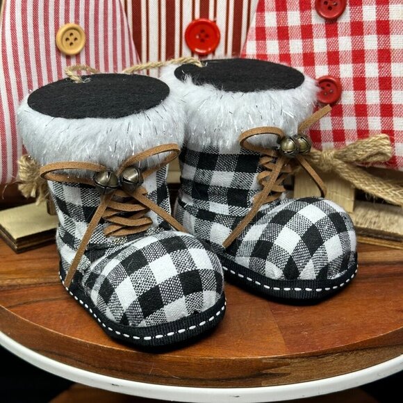 Unbranded Other - Christmas Holiday Santa Boots Ornament Buffalo Plaid Check Faux Fur Trim Bells